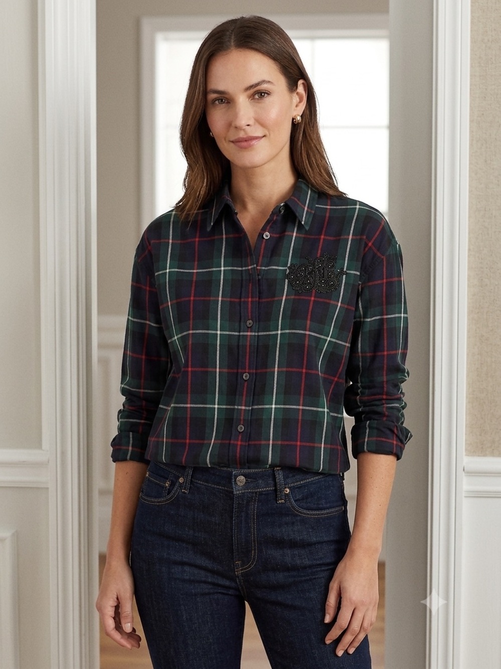 Lauren Ralph Lauren Plaid
Beaded-Crest Shirt.